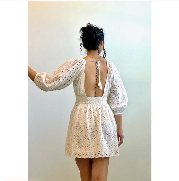 CleoBella Aria Mini Dress White Small Long Sleeve Embroidered Eyelet Tasseled - Picture 3 of 7
